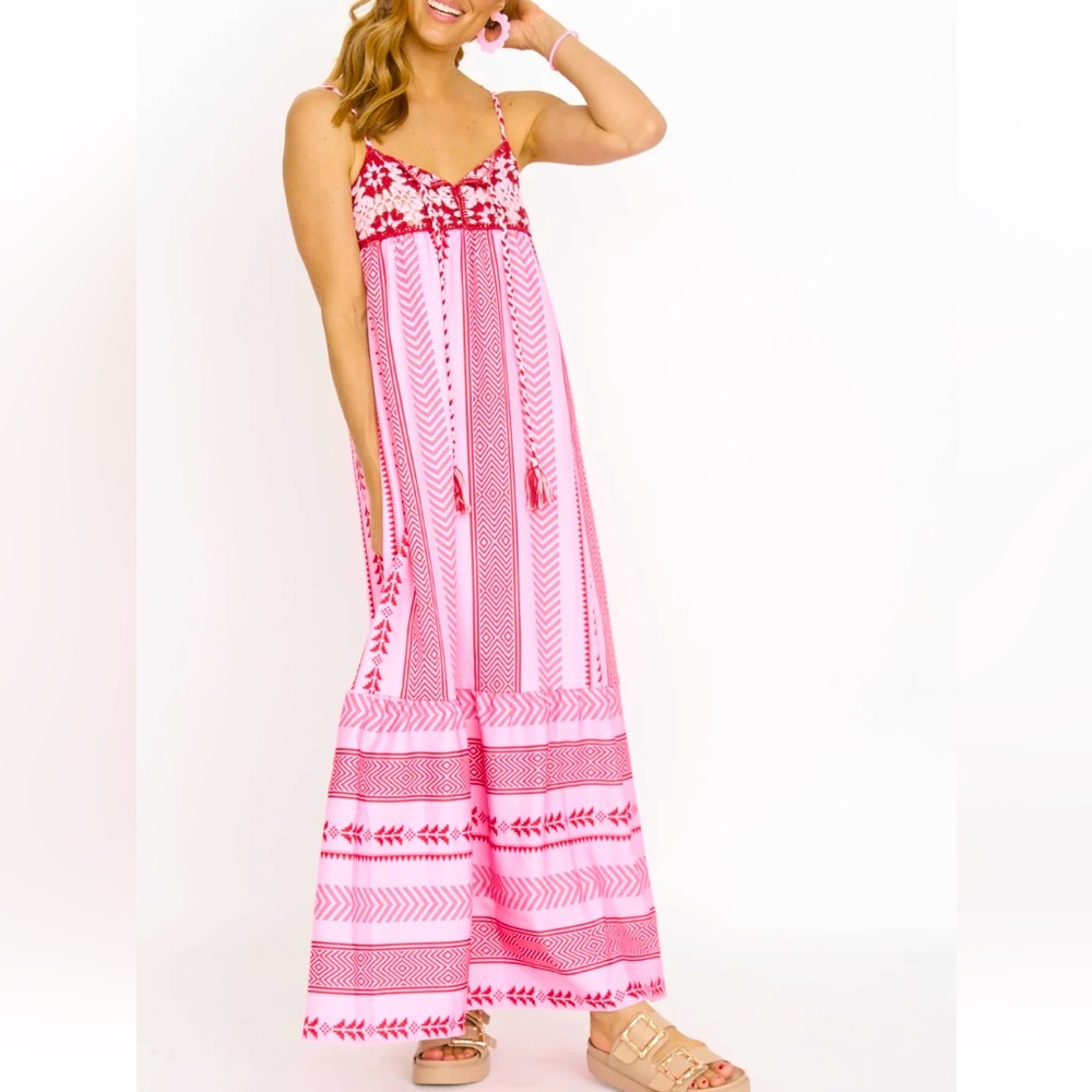 New Zara Pink Red Embroidered Boho Maxi Dress Resort